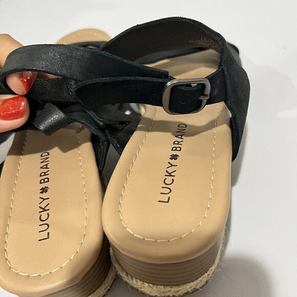 LUCKY BRAND WAEKA WEDGE SANDAL BLACK STRAPY LEATHER WOMEN’S SANDALS SIZE 8 M - Picture 6 of 12